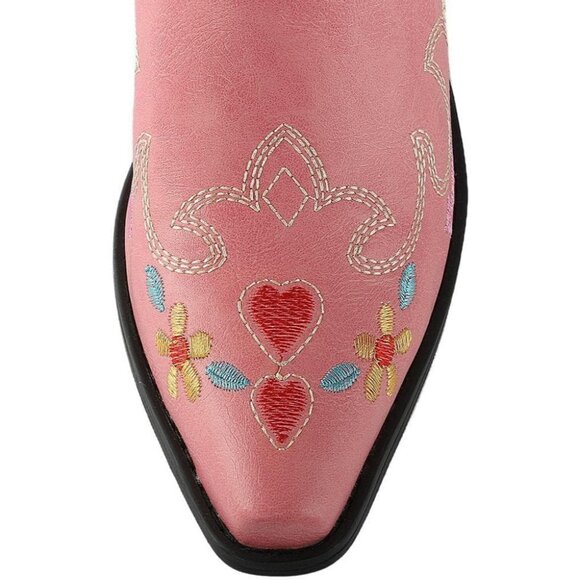 Women's Pink Floral Embroidered Cowgirl Boots Chunky Low Heels Pull On Shoes - Picture 2 of 4